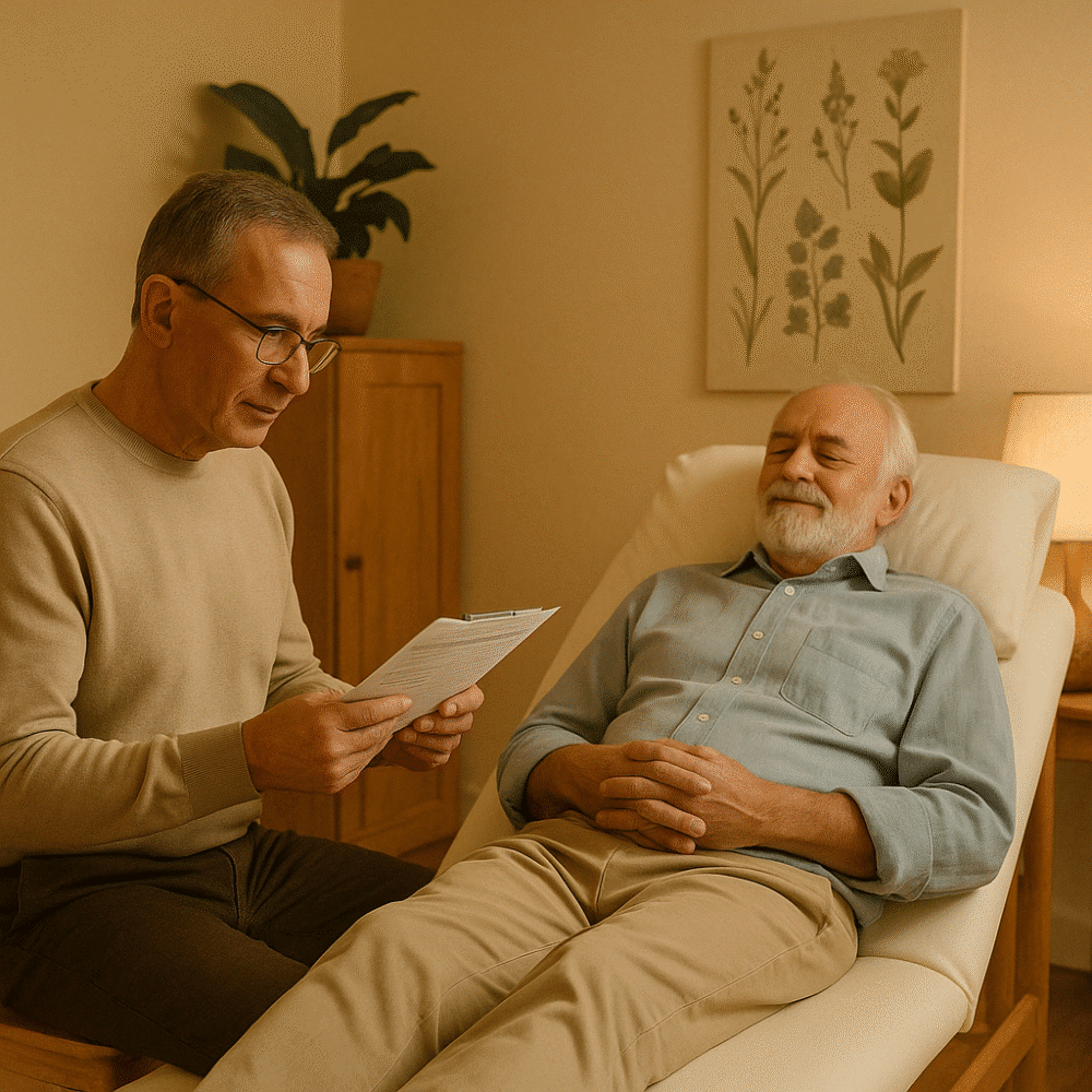 Heilpraktiker prüft Befunde, Patient entspannt im Behandlungsraum, warmes Licht, ruhige Farben