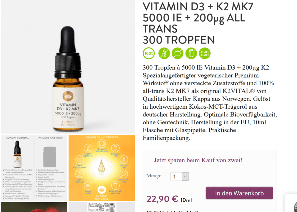 Vitamin D3 + K2 MK7 5000 IE + 200µg all trans 300 Tropfen