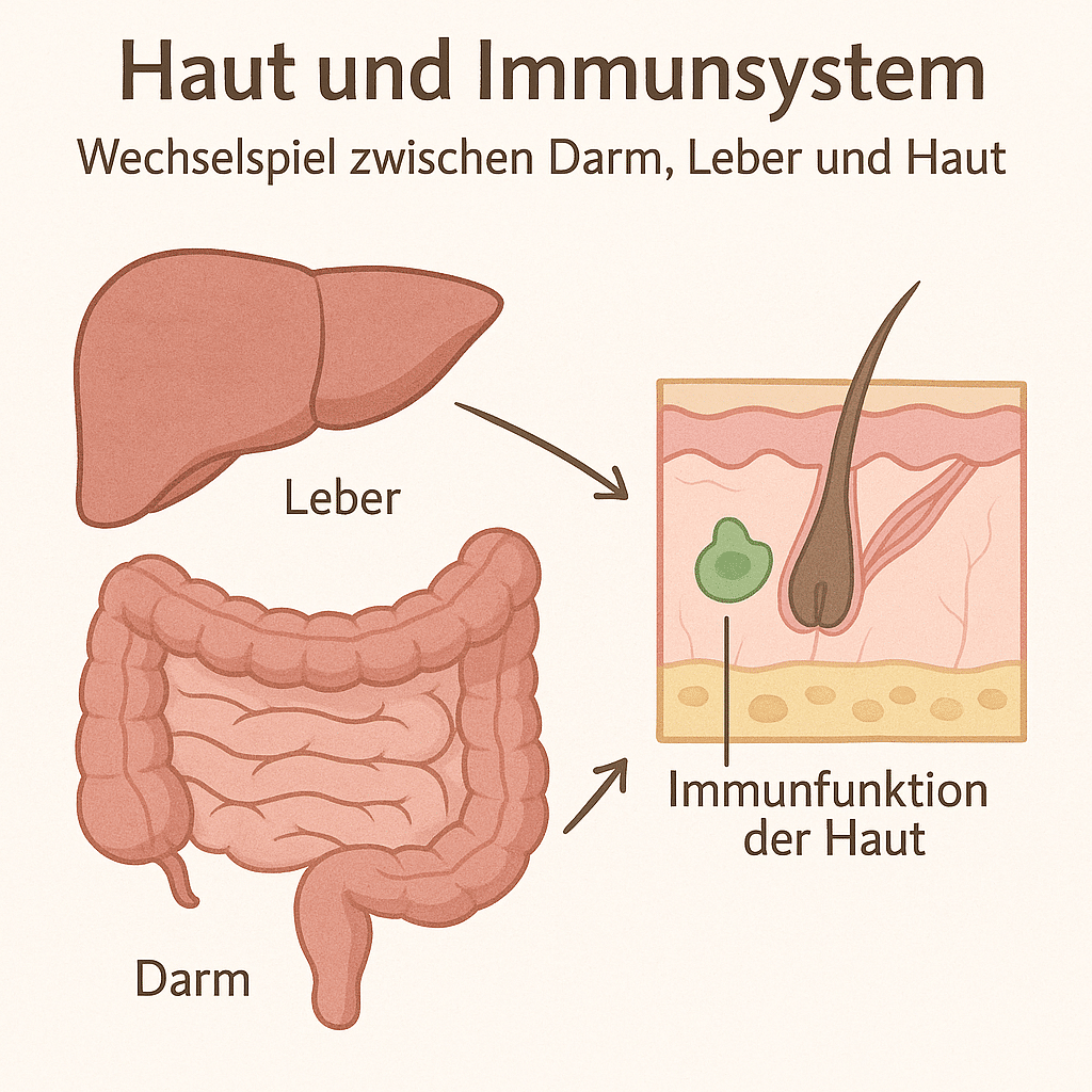 Illustration: „Haut und Immunsystem – Wechselspiel zwischen Darm, Leber und Haut“