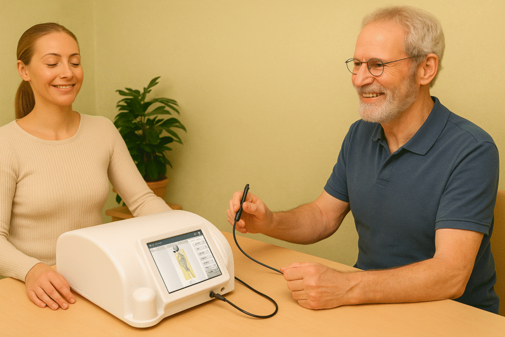 Bioresonanz in der Heilpraktiker-Praxis Kreuer 6 Heilpraktiker Arno Kreuer erklärt einer Patientin die Bioresonanz nach Paul Schmidt